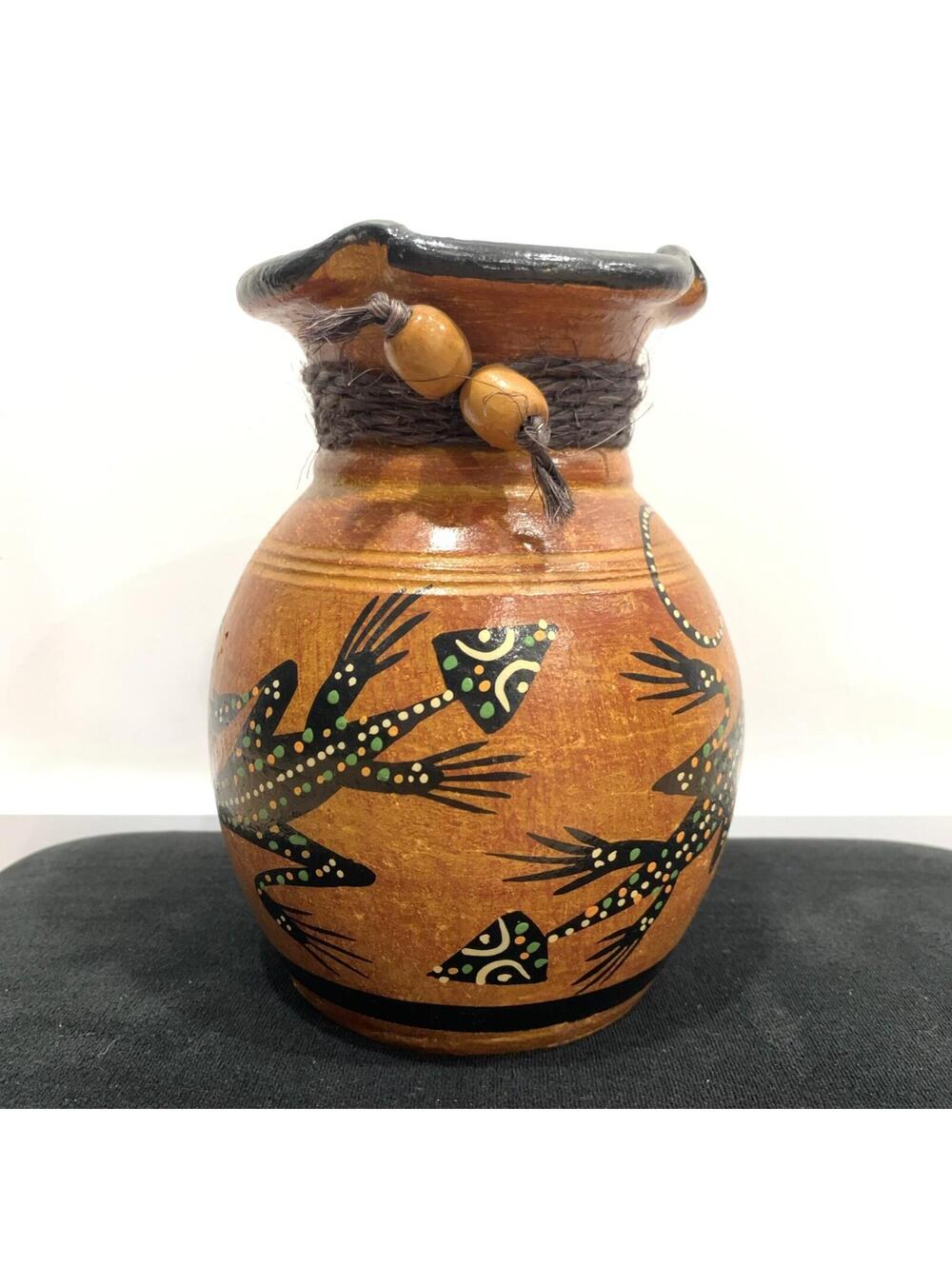 Mexican Gecko Folk Art Pottery Vase Twine Bead Decor 7” Southwestern